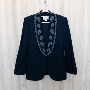 VTG John Meyer Womens Beaded Blazer 18 Black Paisley Wool Formal Classic Boho